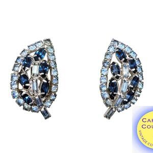 Vintage 1950s Signed Kramer Faux-Aquamarine & Faux-Sapphire Leaf Clip Earrings